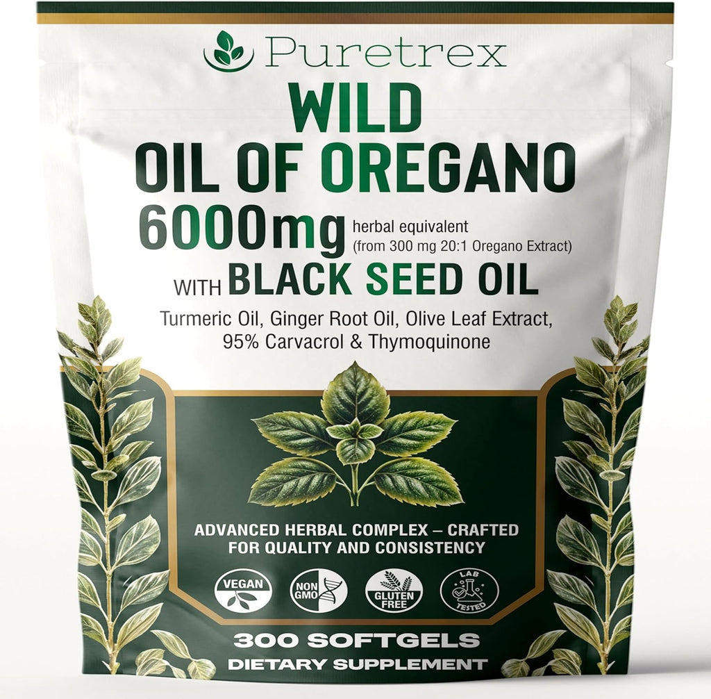 Wild Oil of Oregano 6000mg with Black Seed, Turmeric & Ginger – 300 Softgels | 95% Carvacrol & Thymoquinone | Immune, Gut & Respiratory Support | High-Potency Herbal Complex – Vegan & Non-GMO