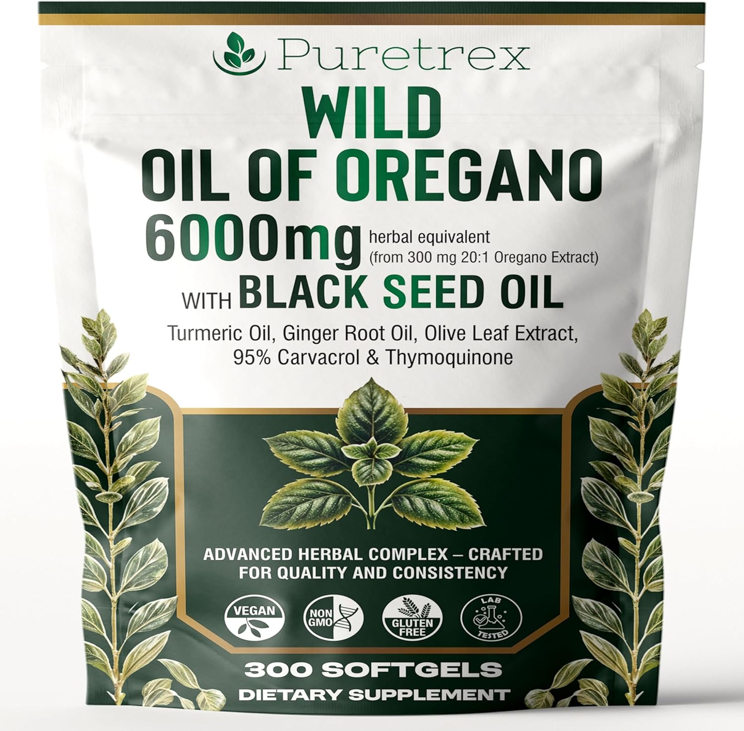 Wild Oil of Oregano 6000mg with Black Seed, Turmeric & Ginger – 300 Softgels | 95% Carvacrol & Thymoquinone | Immune, Gut & Respiratory Support | High-Potency Herbal Complex – Vegan & Non-GMO