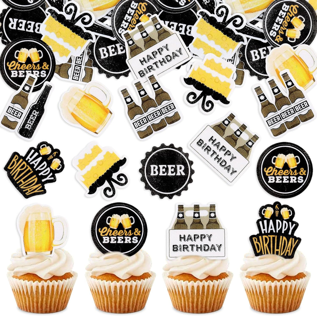 48PCS Edible Cheers Beers Cupcake Toppers Beer Mug Happy Birthday Cupcake Picks for Beer Festival Party Cheers To 30th 40th 50th 60th Birthday Cake Decorations Beers Party Supplies