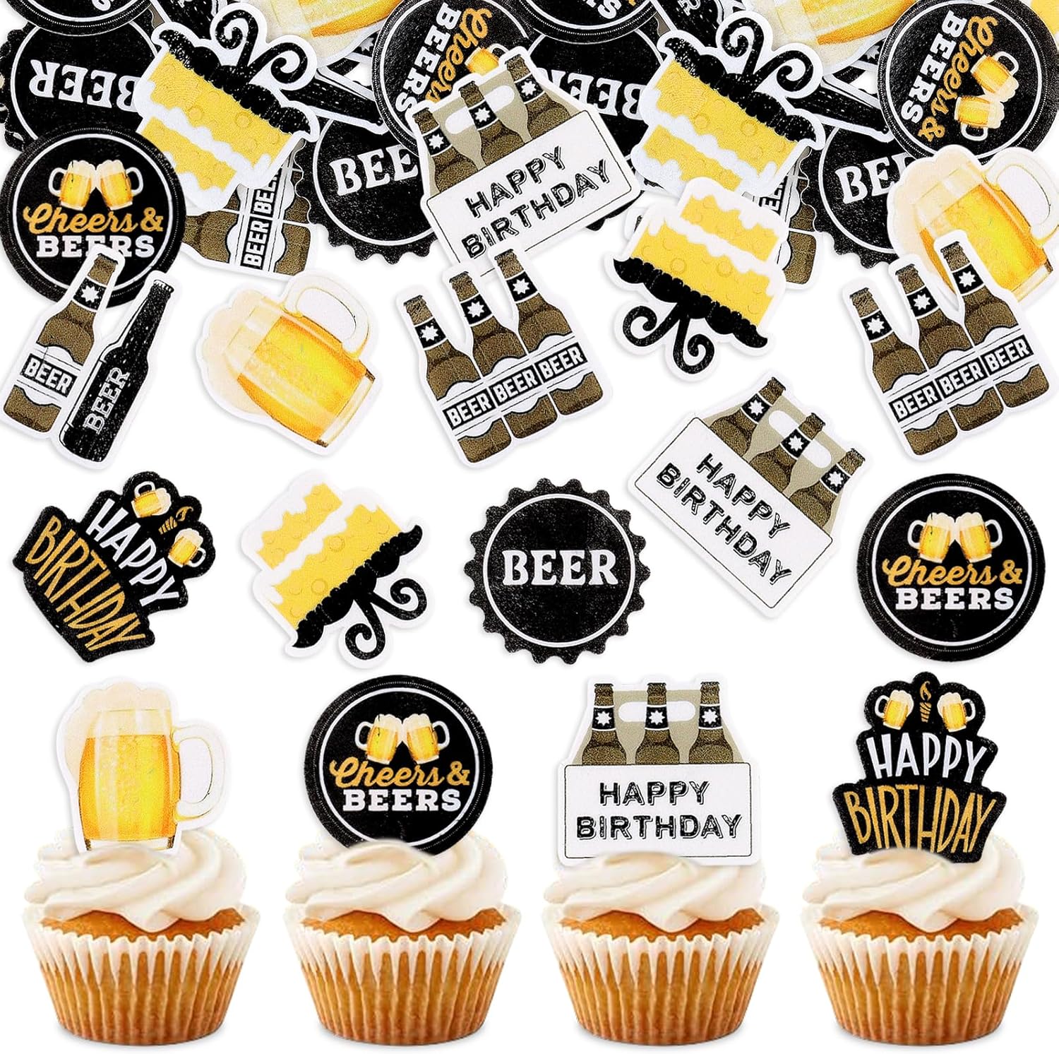 48PCS Edible Cheers Beers Cupcake Toppers Beer Mug Happy Birthday Cupcake Picks for Beer Festival Party Cheers To 30th 40th 50th 60th Birthday Cake Decorations Beers Party Supplies