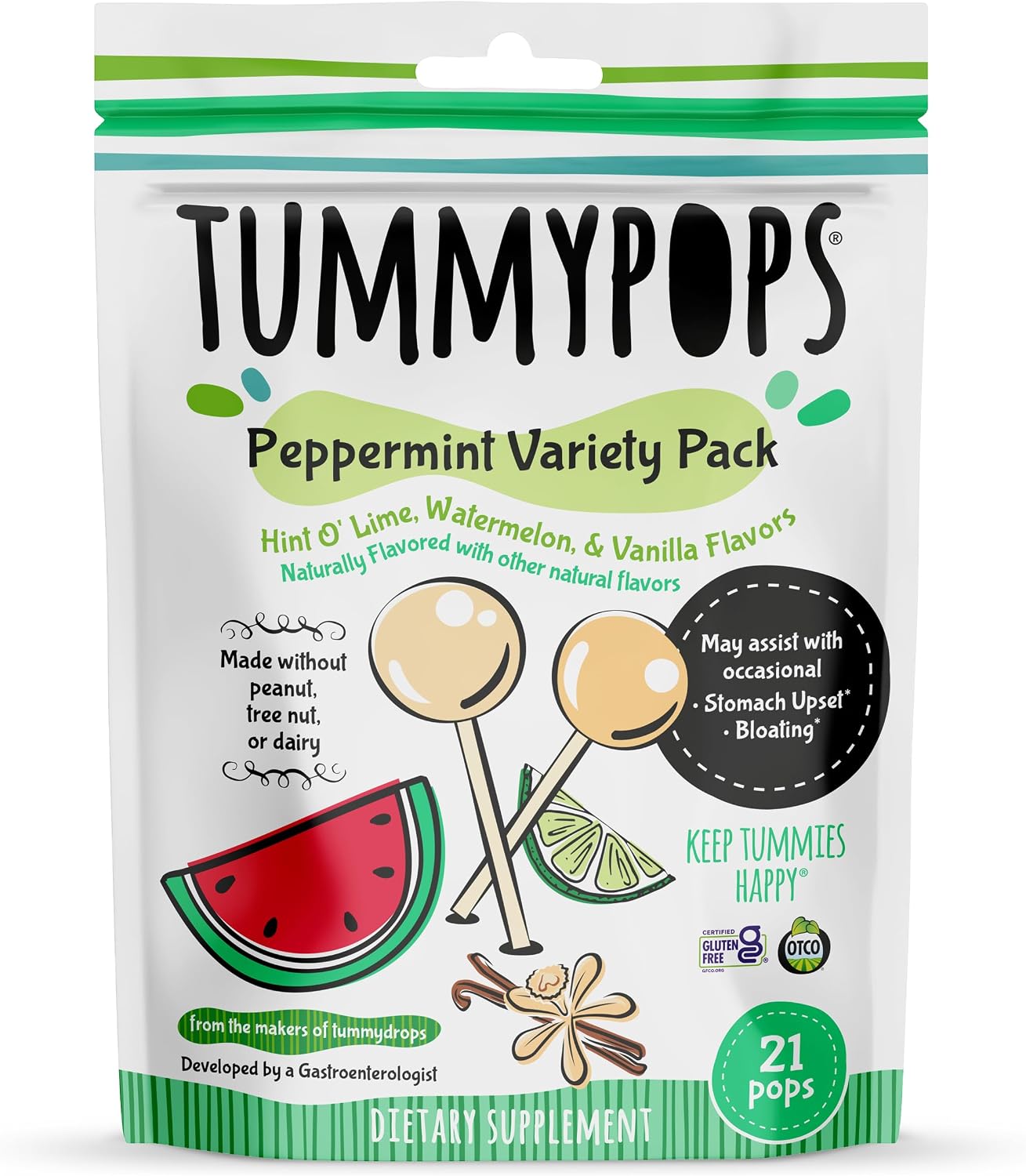 Tummypops Peppermint Variety Pack (Hint 'O Lime, Watermelon, & Vanilla Flavors), 21 Pops