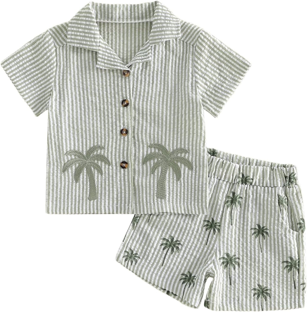 Kupretty Toddler Baby Boy Clothes Tropical Vacation Summer Outfits Button Up Short Sleeves Hawaiian Beach Shirts & Shorts