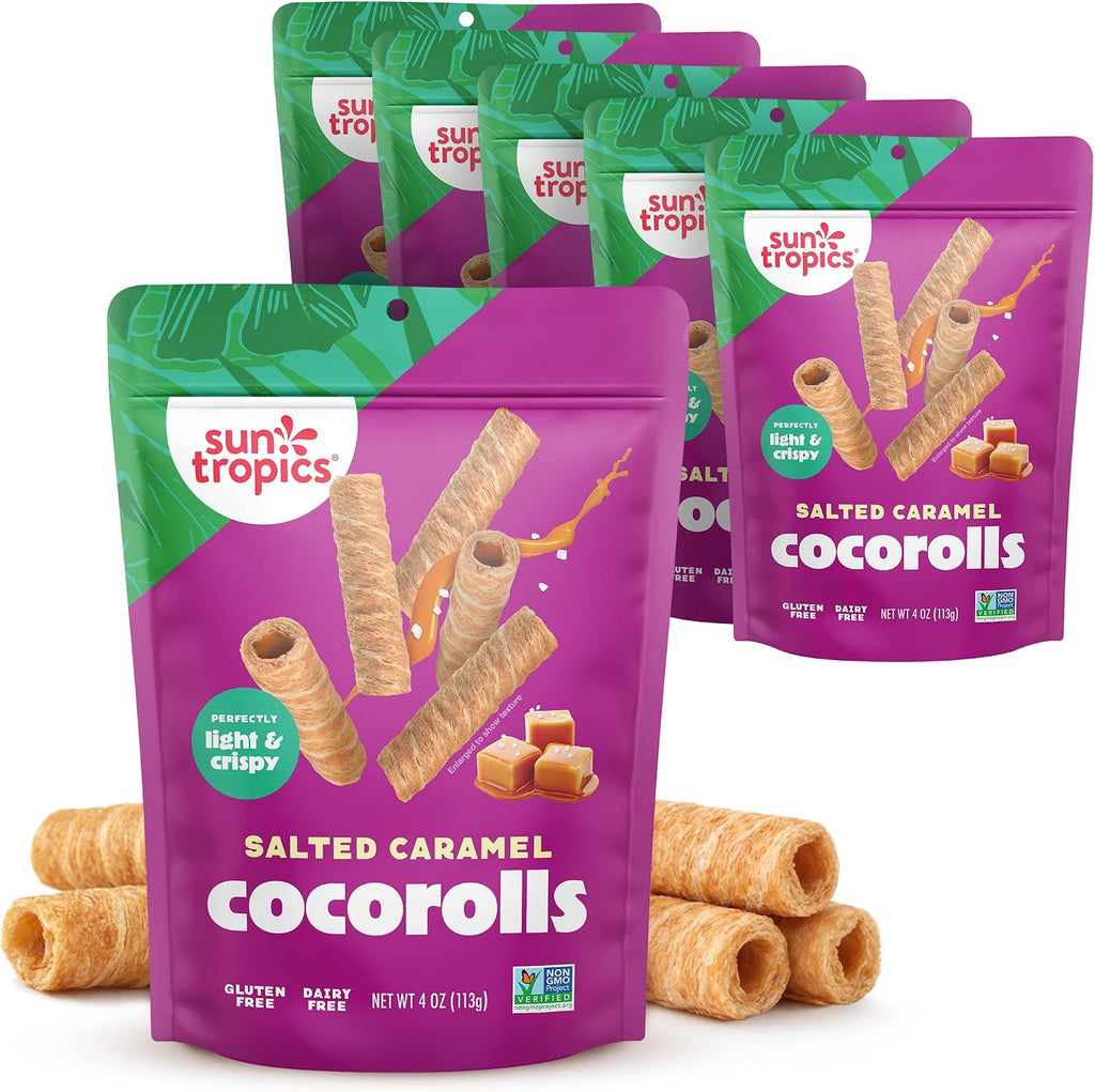 Sun Tropics CocoRolls Salted Caramel Flavor- 6 count, 4 oz each | Crisp Rolled Wafer Cookies, Coconut Rolls Made With Pure Coconut Cream | Gluten Free & Dairy Free Coconut Wafer Snack