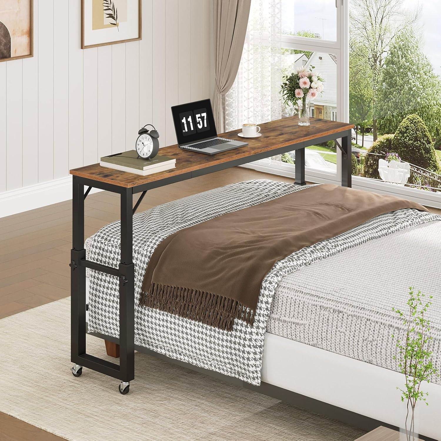 Overbed Table with Wheels, Queen Size Mobile Bed Desk with Adjustable Height, Rolling Table, Laptop Table, Recliner Desk, for Bedroom, Living Room, Office, Rustic Brown MTHR18001