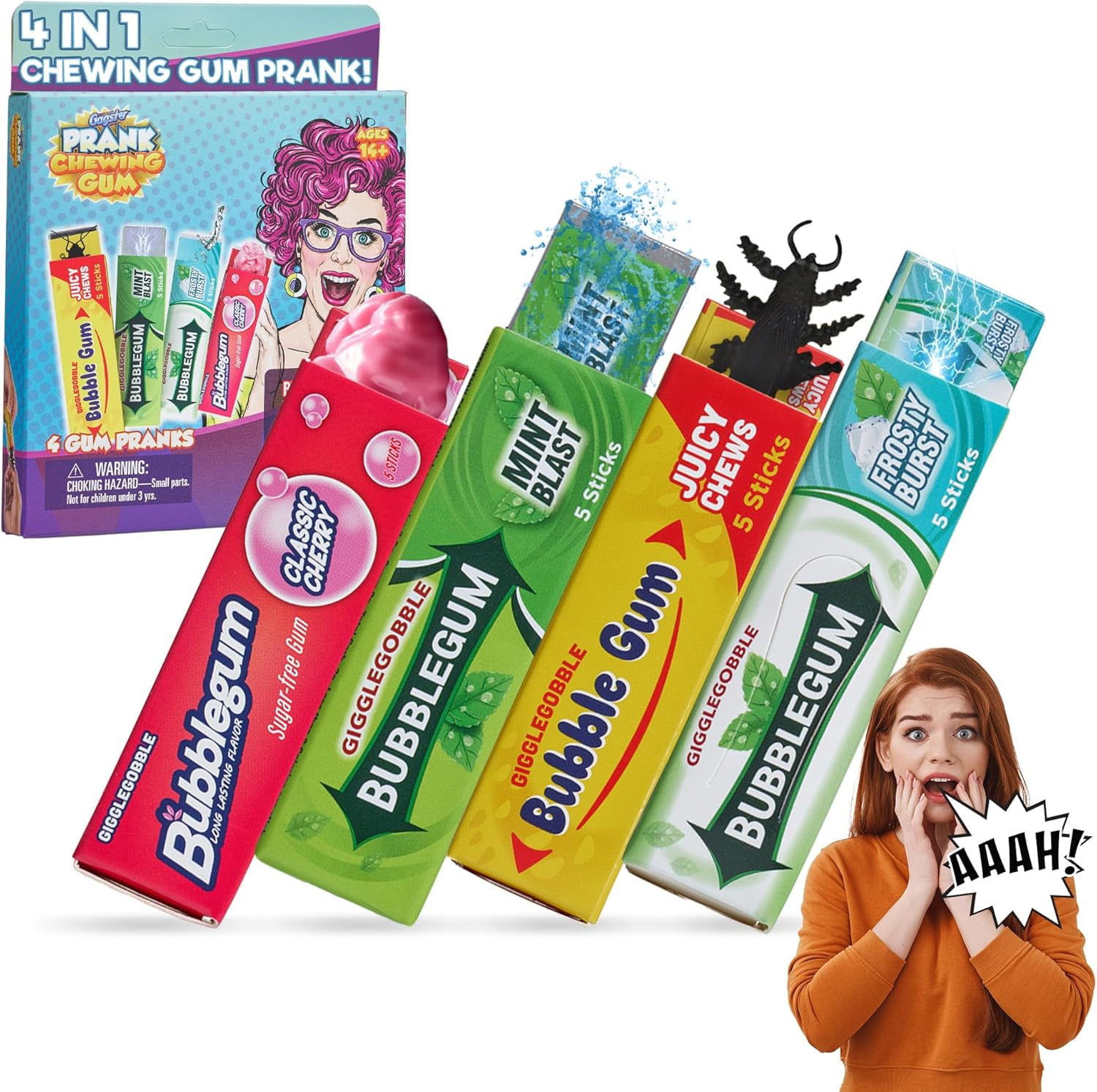 Gagster 4-in-1 Prank Chewing Gum Set – Shocking, Water Squirt, Cockroach Snapping, Fake Chewed Gum, Gag Gifts for Kids Adults, Work Pranks, April Fools, Practical Joke Toys Kit