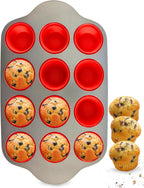 Boxiki Kitchen Non-Stick 12 Cup Silicone Muffin Pan with Steel Frame - BPA Free, Non-Toxic, Anti-Warp, Durable & Easy to Pop Silicone Muffin Tin - Perfect Cupcake Pan