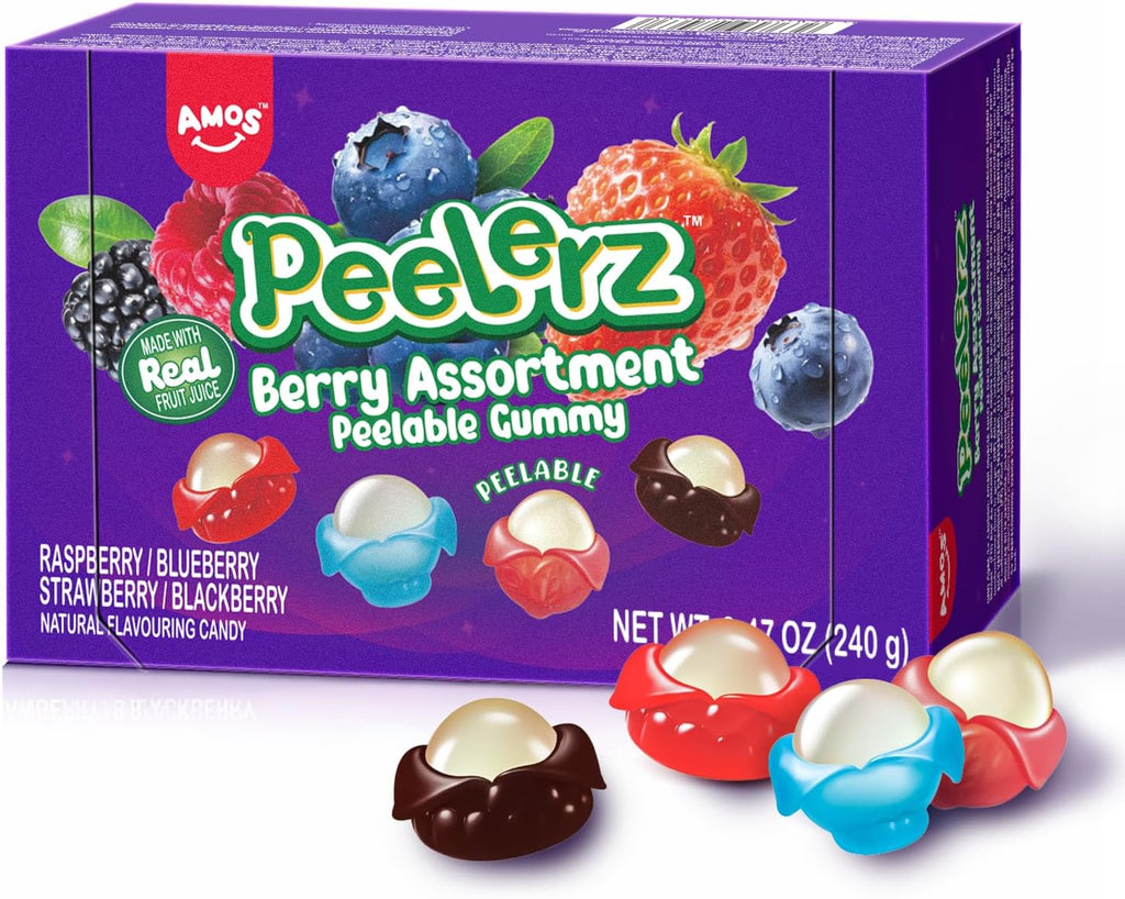 AMOS Peelerz Berry Assortment Gummy Candy 240g | Peelable Fruit-Shaped Gummies Made with Real Fruit Juice | Fun Peeling Snack for Kids & Adults | Peelerz Assorted Gummy Berry Mix