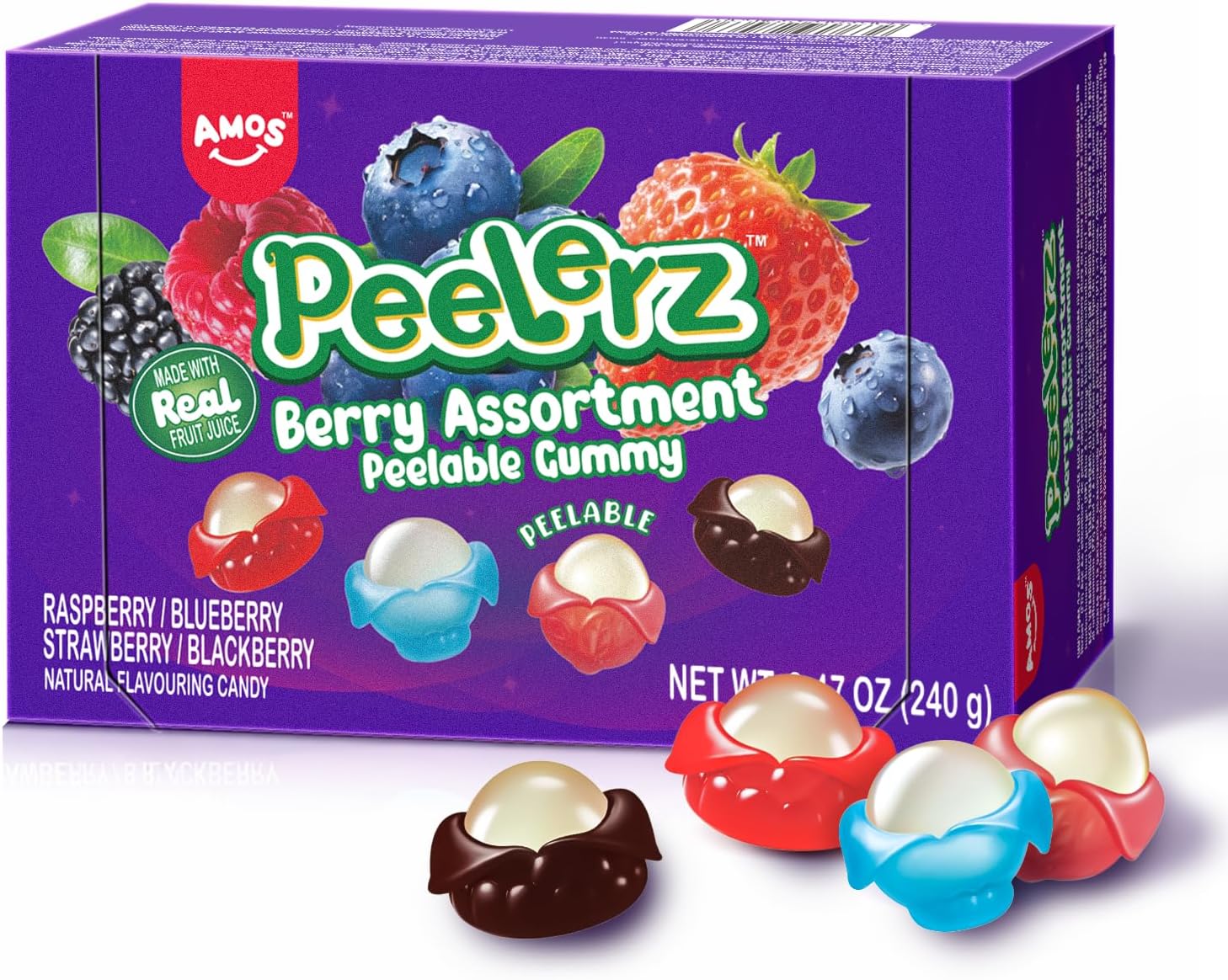 AMOS Peelerz Berry Assortment Gummy Candy 240g | Peelable Fruit-Shaped Gummies Made with Real Fruit Juice | Fun Peeling Snack for Kids & Adults | Peelerz Assorted Gummy Berry Mix