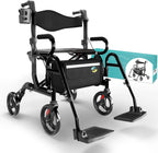 Helavo 2 in 1 Walker Wheelchair Combo - Foldable Aluminum Rollator with Footrests - Convertible to a Transport Chair, 300 lbs Load Capacity - Maximum Mobility in All Situations