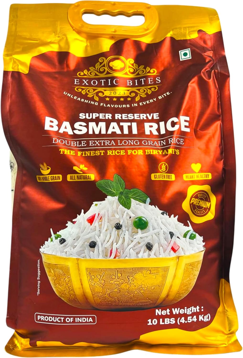 Exotic Bites Super Reserve Basmati Rice, Double Extra Long Grain, Premium Indian Rice for Biryanis, 10 Pounds