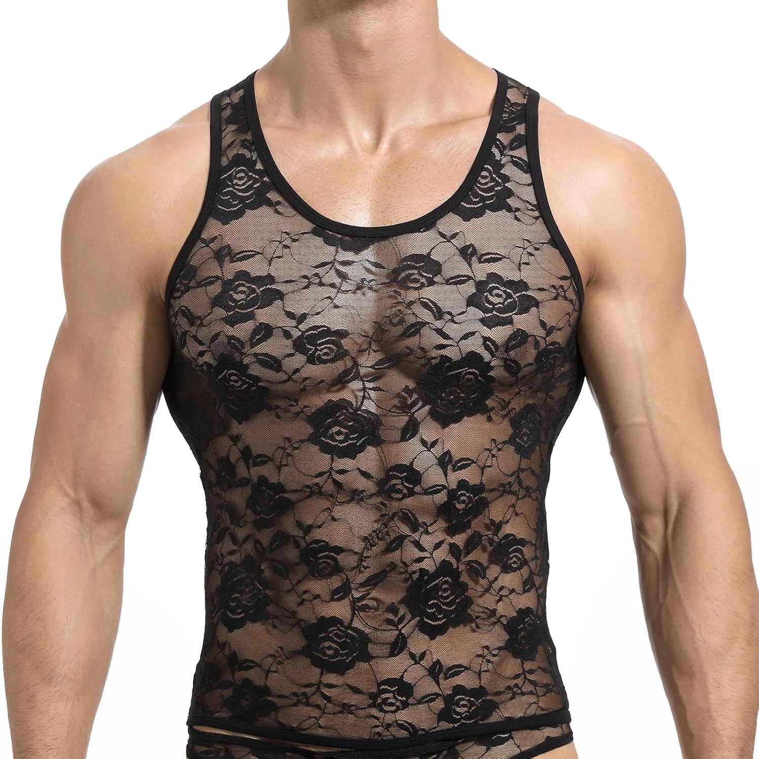 Men Lace Shirt See Through Tank Top Sleeveless Fishnet Sheer Underwear Sissy Lingerie for Crossdressers