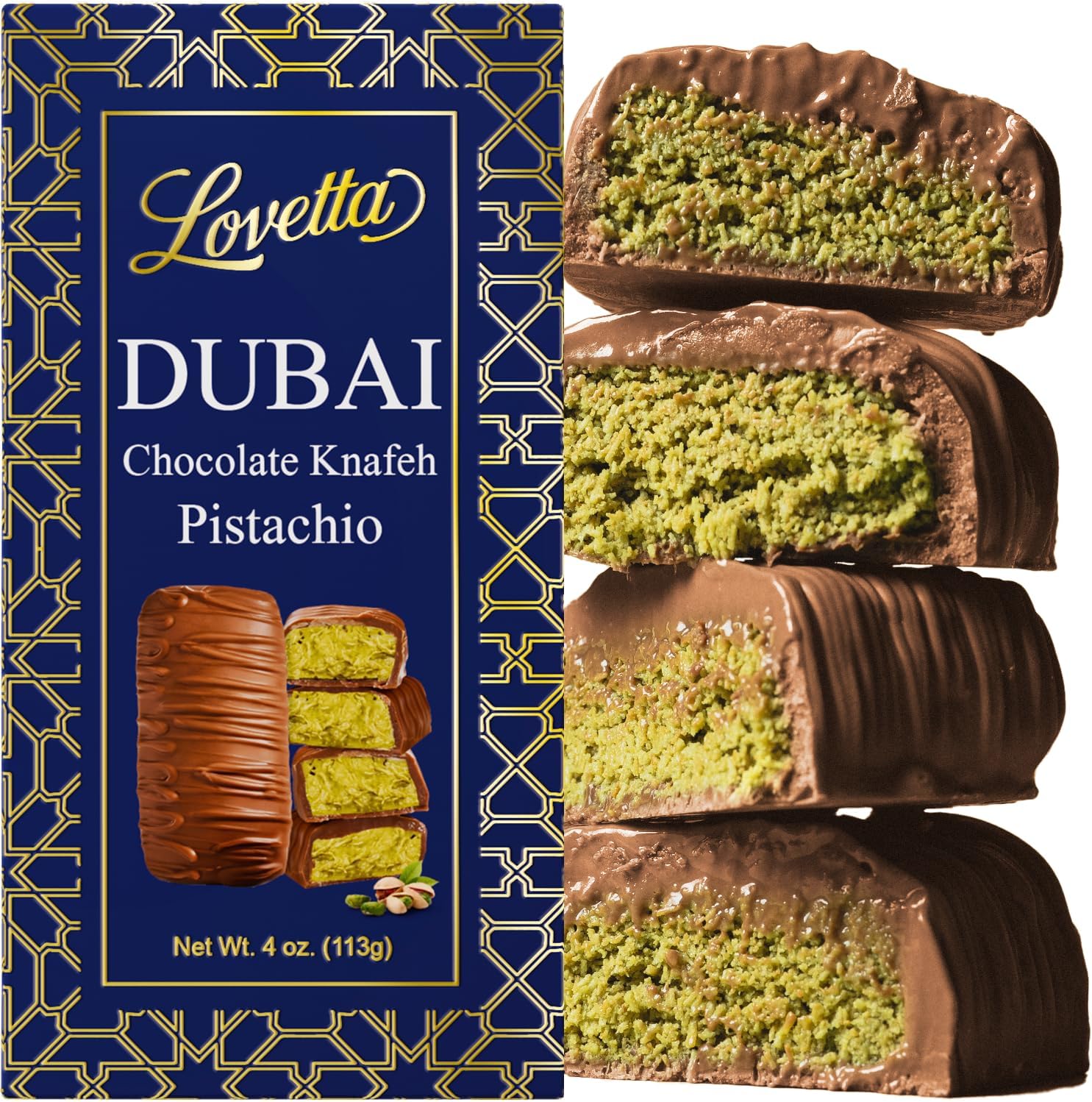 Lovetta Dubai Chocolate Bar Pistachio Knafeh - Luxury Rich Milk Chocolate, Individually Wrapped Fresh, Premium Pistachio Cream Kataifi Filling (1 Pack)