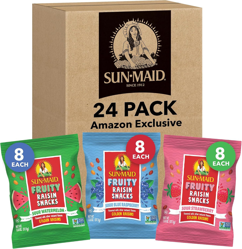 Sun-Maid Fruity Raisin Snack Variety Pack - Sour Strawberry, Watermelon & Blue Raspberry - (24 Pack) 1.33 oz Pouches