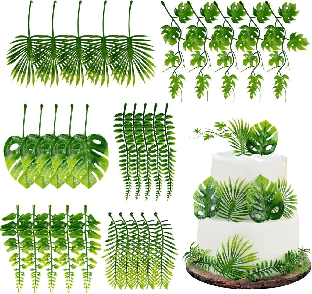 30PCS Artificial Monstera Leaf Cake Toppers Tropical Palm Green Leaves Cake Decors for Summer Safari Animal Boys Girls Birthday Tropical Rainforest Baby Shower Party Table Centerpiece Decorations
