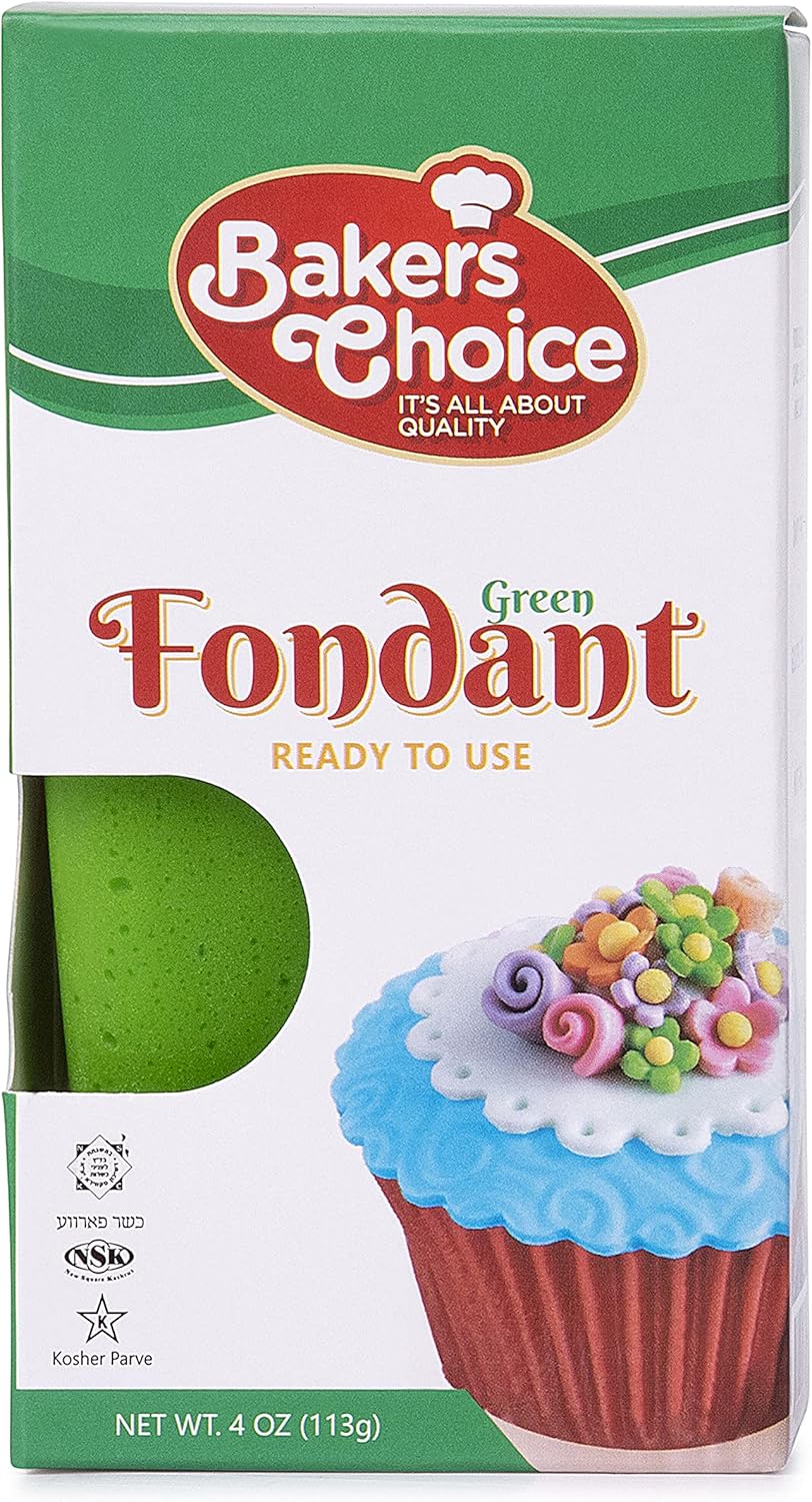 Baker's Choice Green Fondant Icing-4 oz.-Ready to Use Cake Decorating Frosting-Easy To Roll,Moldable,Kosher,Dairy Free,and Nut Free-Green Fondant For Cakes Cupcakes and Cookies-By Baker’s Choice