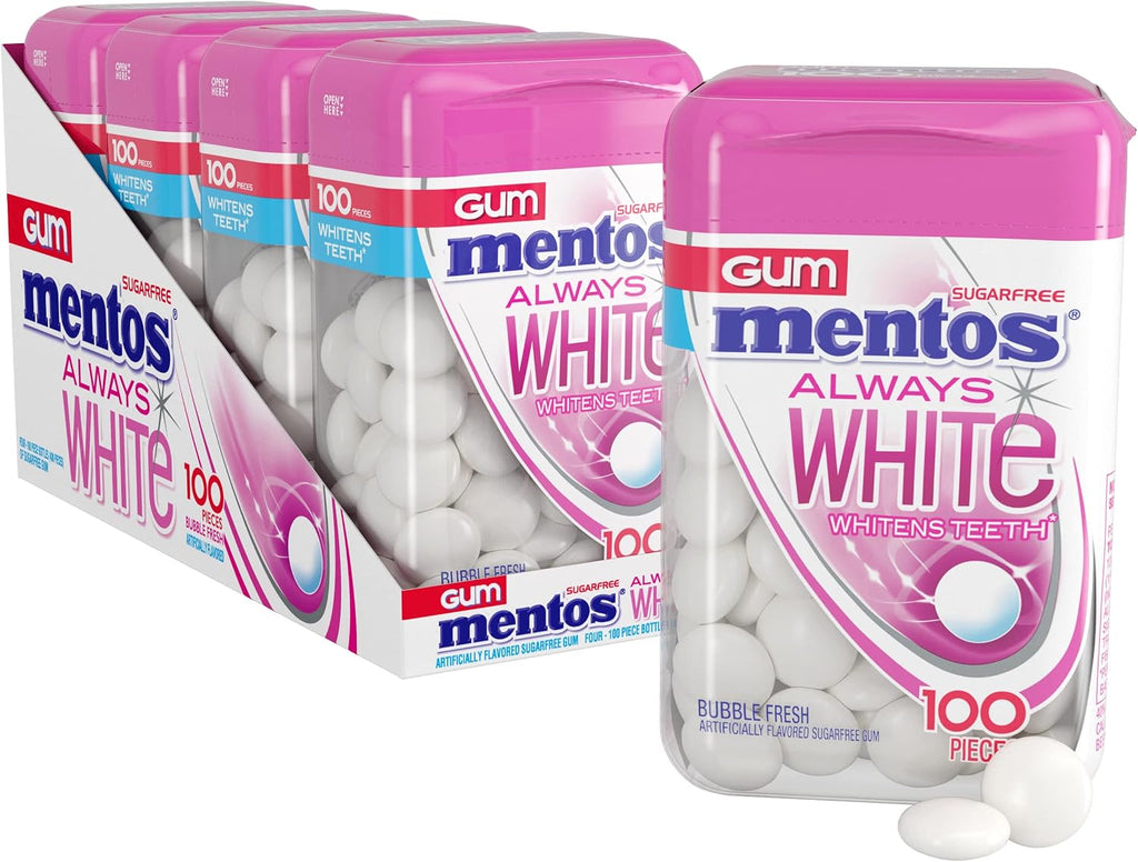 Mentos Always White Bubble Fresh Sugar Free Gum with Xylitol Sweetener, 100 Count Bottle, 4 Bottles