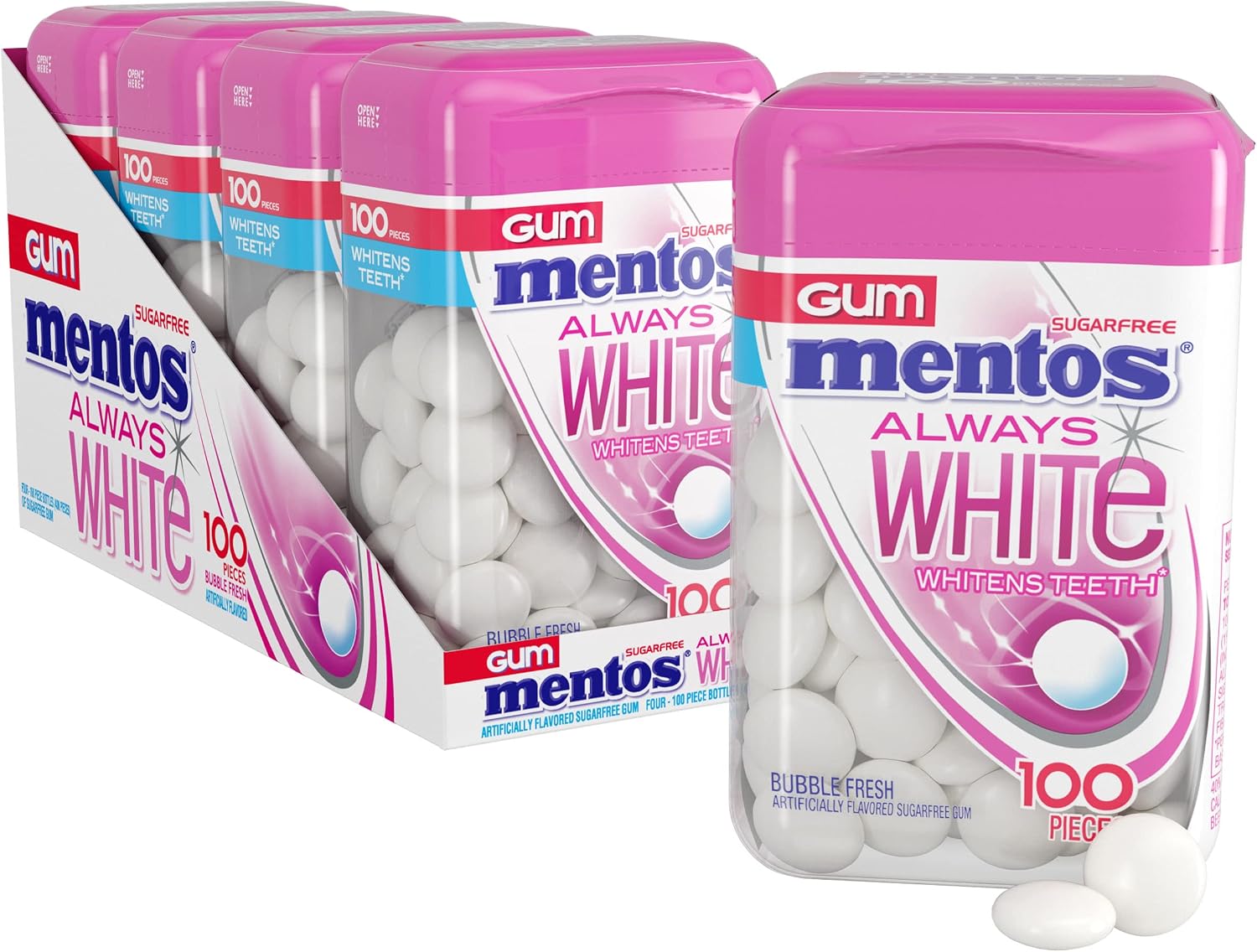 Mentos Always White Bubble Fresh Sugar Free Gum with Xylitol Sweetener, 100 Count Bottle, 4 Bottles