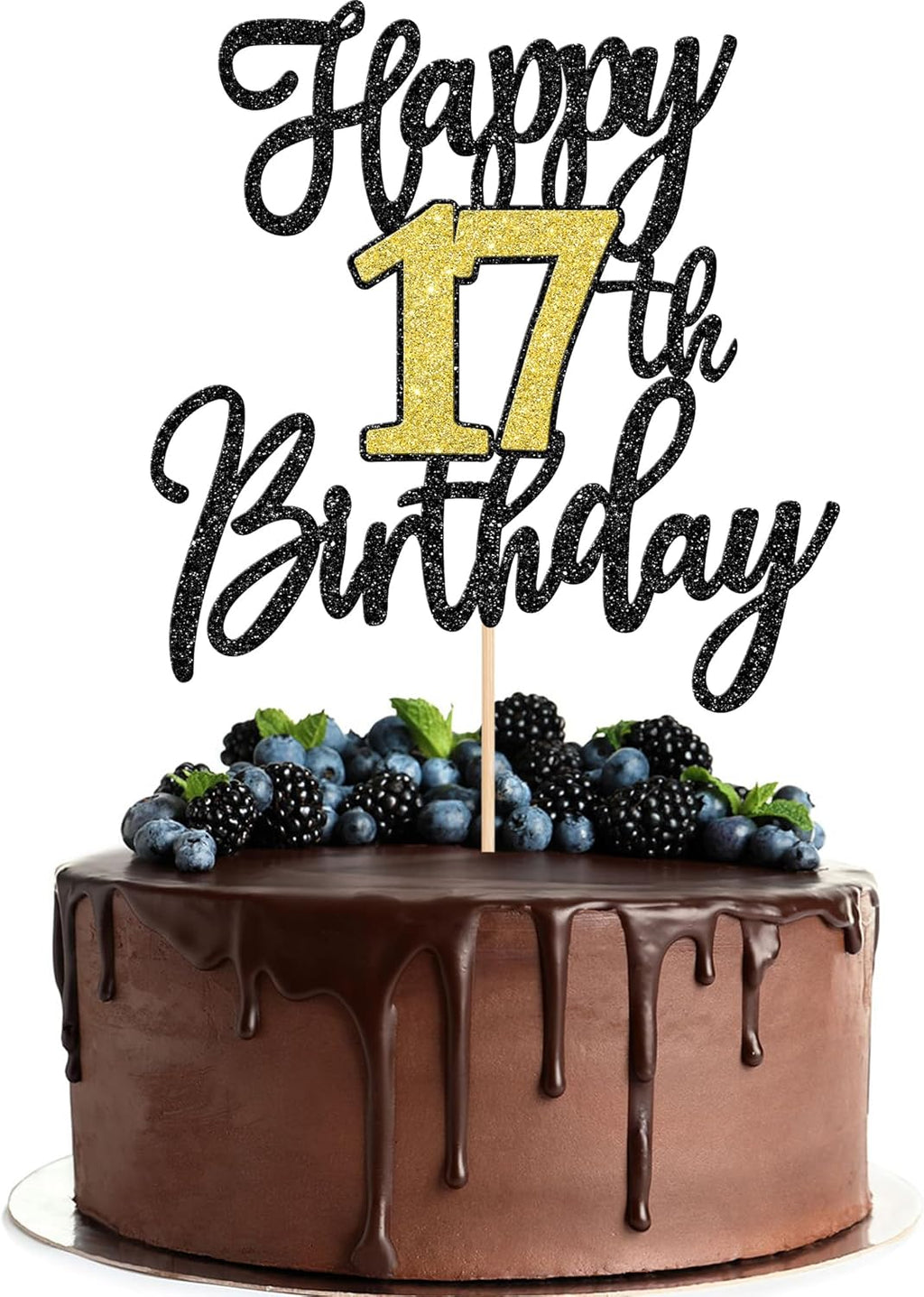 1 PCS Happy 17th Birthday Cake Topper Black Gold Glitter Cheers to 17 Years Birthday Cake Pick 17 Fabulous Cake Decoration for Happy 17th Birthday Anniversary Party Decorations Supplies