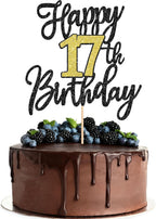 1 PCS Happy 17th Birthday Cake Topper Black Gold Glitter Cheers to 17 Years Birthday Cake Pick 17 Fabulous Cake Decoration for Happy 17th Birthday Anniversary Party Decorations Supplies