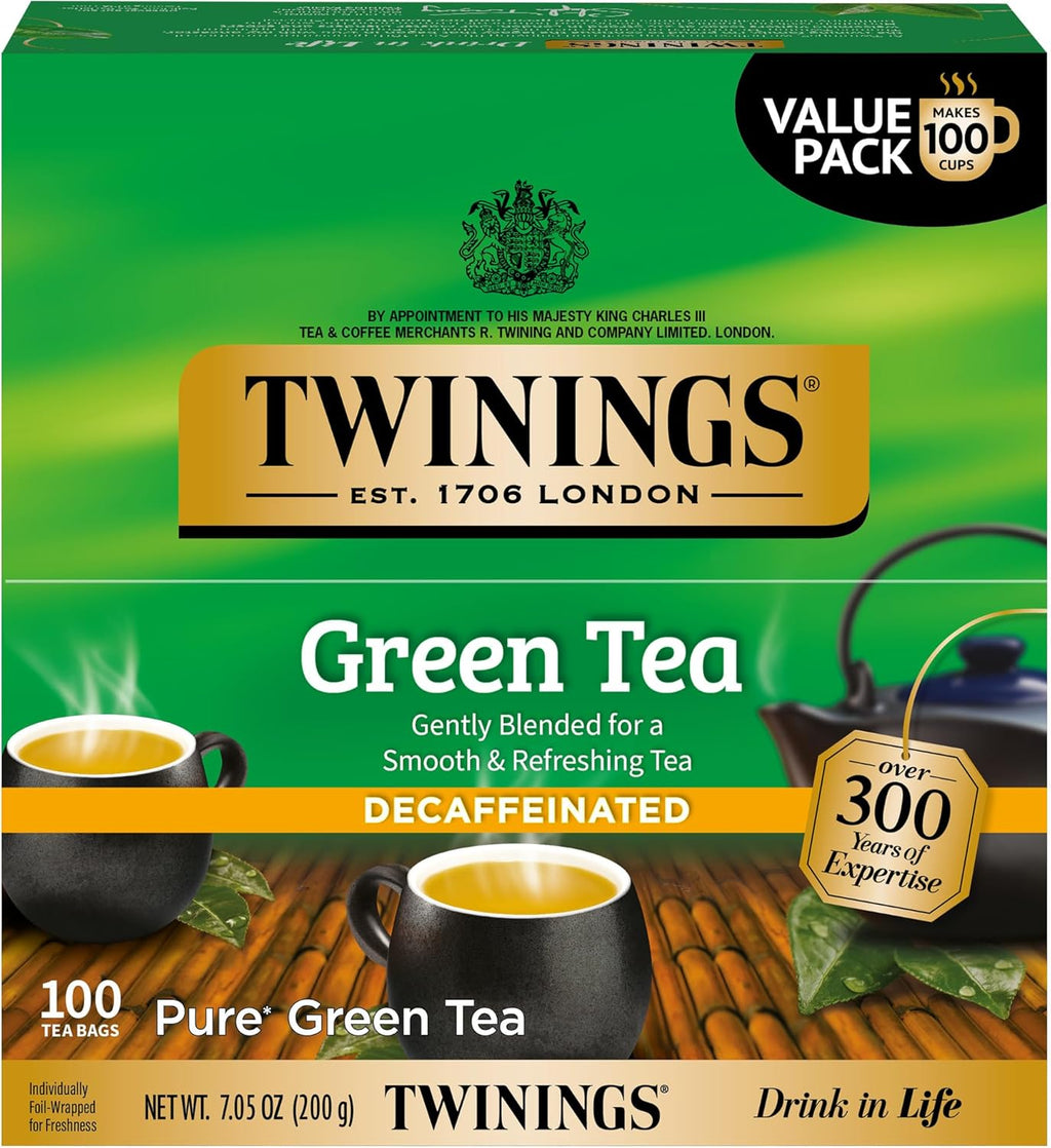 Twinings Decaffeinated Green Tea Individually Wrapped Bags, 100 Count (Pack of 1), Smooth Flavour, Enticing Aroma, Enjoy Hot or Iced, 100 Teabags