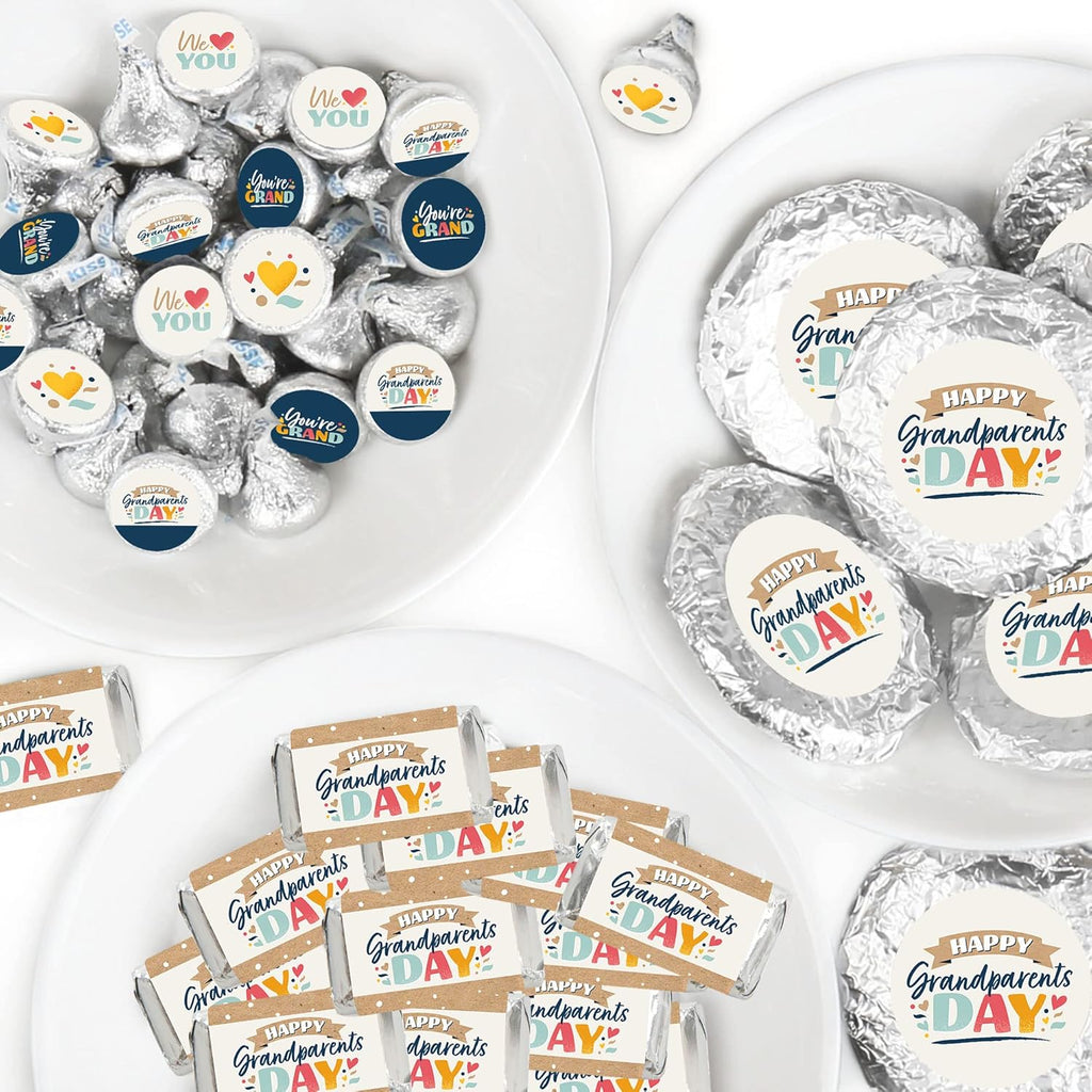 Big Dot of Happiness Happy Grandparents Day - Mini Candy Bar Wrappers, Round Candy Stickers and Circle Stickers - Grandma and Grandpa Party Candy Favor Sticker Kit - 304 Pieces