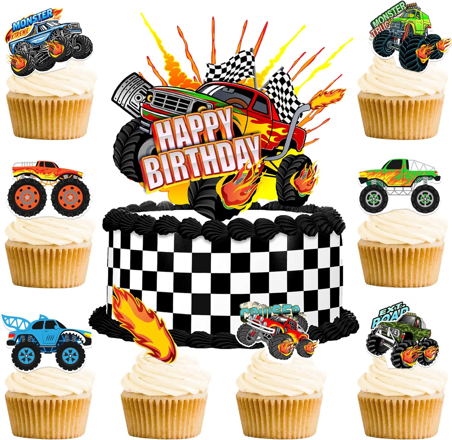 Truck Cake Topper, 49pcs Monster Car Theme Birthday Party Supplies, Red, Green, Blue Cake Decorations for Kids Birthday, Baby Shower Party Decorations