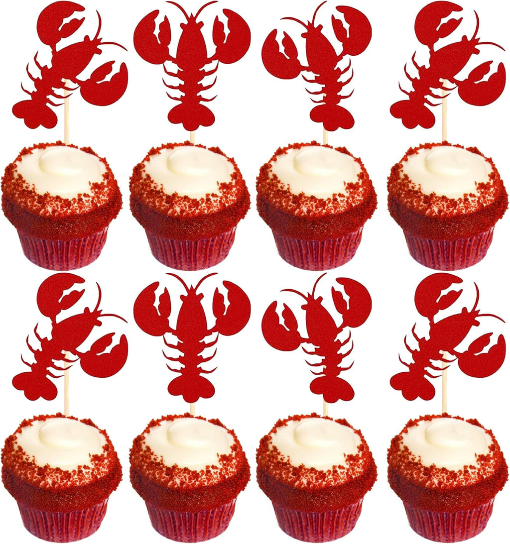 24 Pack Crawfish Cupcake Toppers Red Glitter Lobster Cupcake Food Picks Bridal Shower Bachelorette Sea Animal Theme Baby Shower Kids Birthday Party Cake Decorations Supplies Red