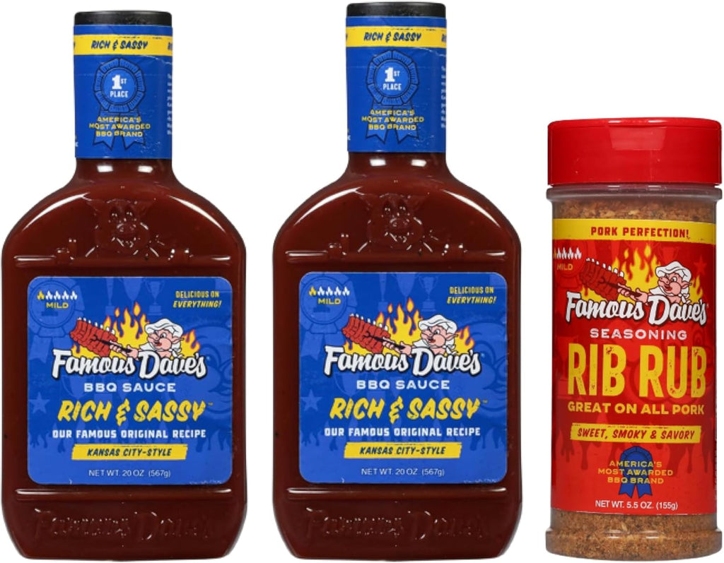 Famous Dave's Seasoning Variety Bundle - 2 pck Rich & Sassy BBQ Sauce & 1 pck Rib Rub Seasoning (45.5 oz.)