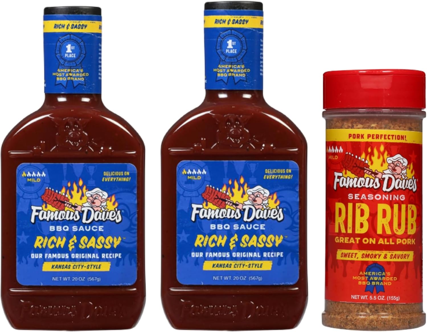 Famous Dave's Seasoning Variety Bundle - 2 pck Rich & Sassy BBQ Sauce & 1 pck Rib Rub Seasoning (45.5 oz.)