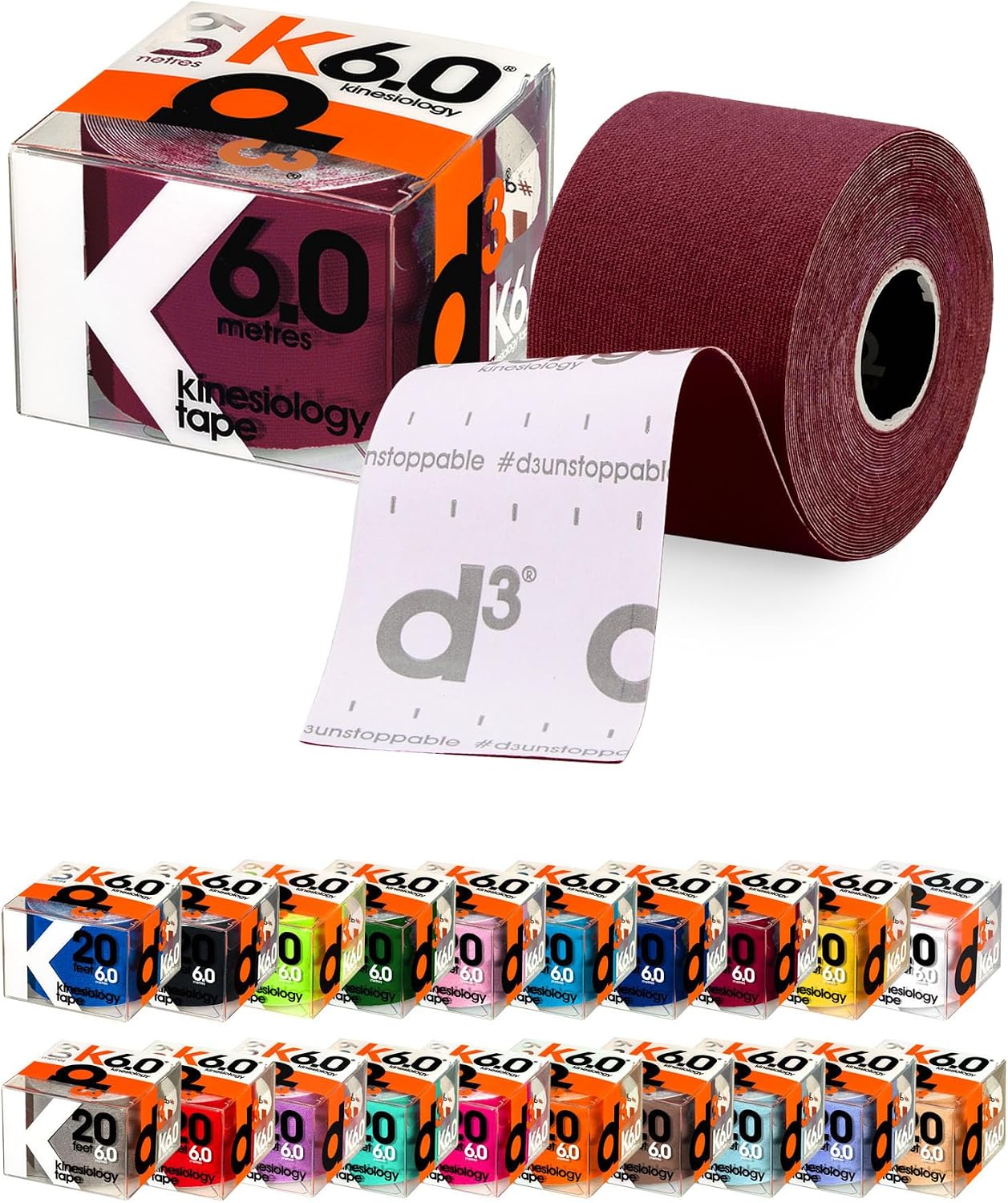d3 K6.0 Kinesiology Tape 2in x 20ft – Maroon Athletic Tape for Joint Support, Pain Relief & Muscle Recovery | Water Resistant & Hypoallergenic for Knee, Shoulder & Back – Uncut Roll