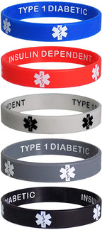 Type 1 Diabetic Insulin Dependent Medical Alert ID Privacy Enhanced Silicone Bracelets Wristbands 5 Pack