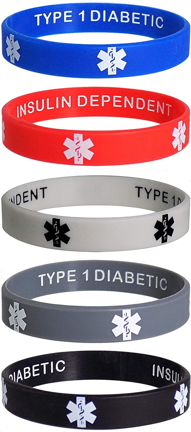 Type 1 Diabetic Insulin Dependent Medical Alert ID Privacy Enhanced Silicone Bracelets Wristbands 5 Pack