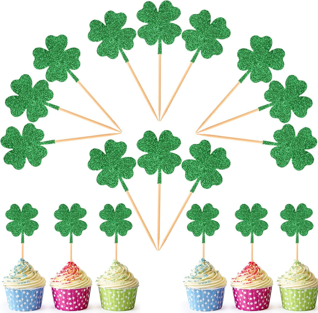 12Pcs St Patrick's Day Cupcake Toppers, Glitter Four Leaf Clover Cupcake Picks, Shamrock Cupcake Toppers, Lucky One Birthday Decorations Wedding Party Cake Decorations