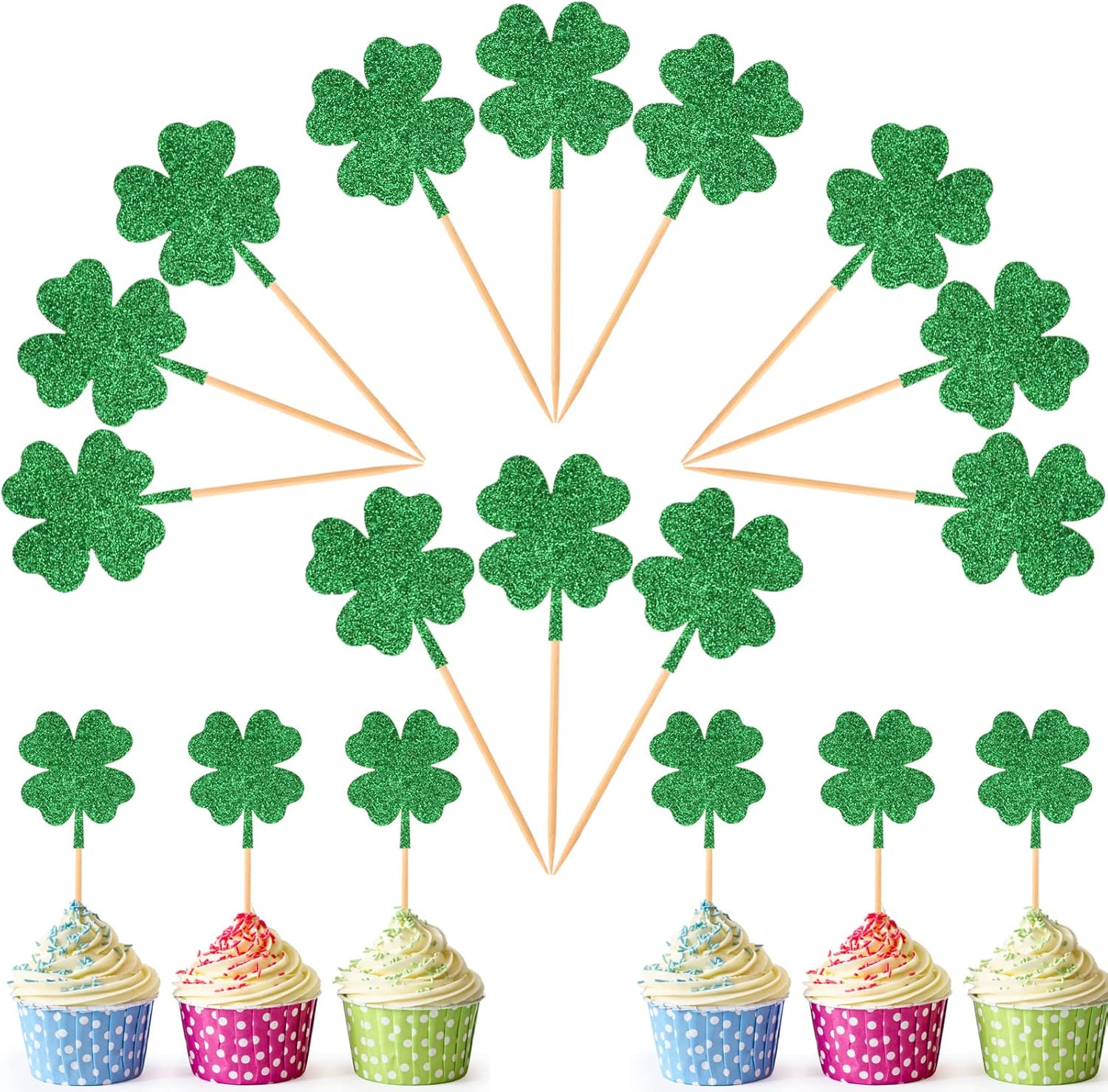 12Pcs St Patrick's Day Cupcake Toppers, Glitter Four Leaf Clover Cupcake Picks, Shamrock Cupcake Toppers, Lucky One Birthday Decorations Wedding Party Cake Decorations
