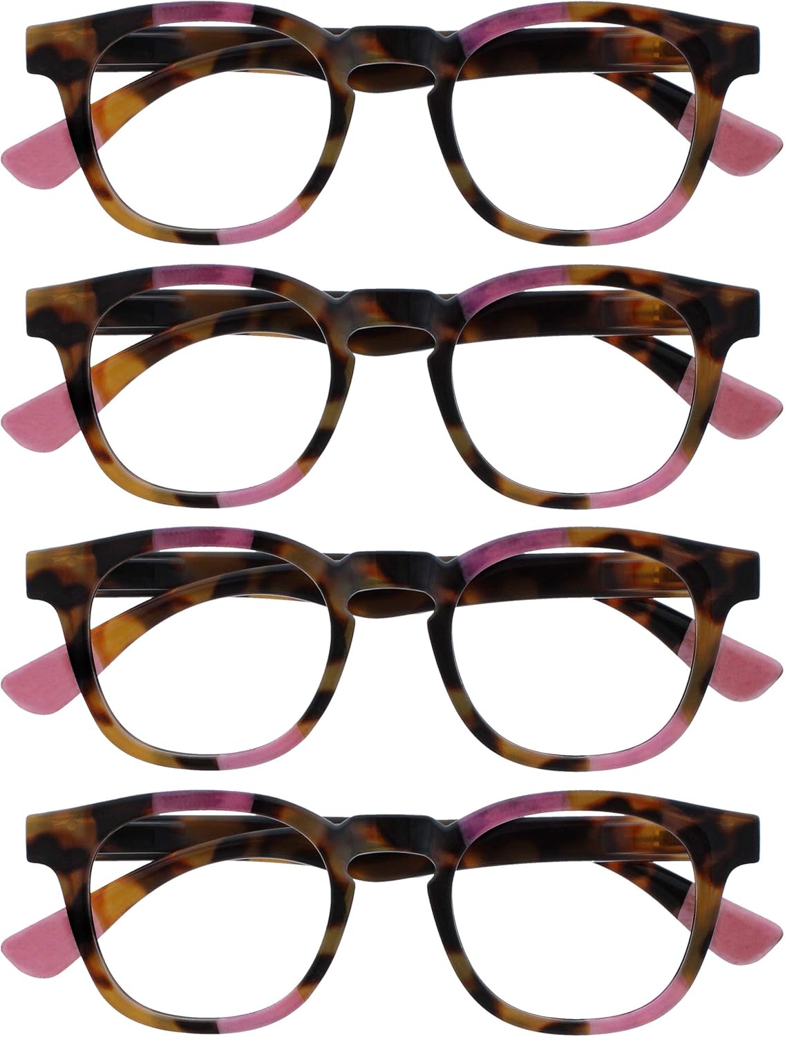 OPULIZE AVA Reading glasses for Women Men,Scratch Resistant Round frame with Spring Hinges, Brown Tort with a Touch of Pink +1 (Pack of 4)