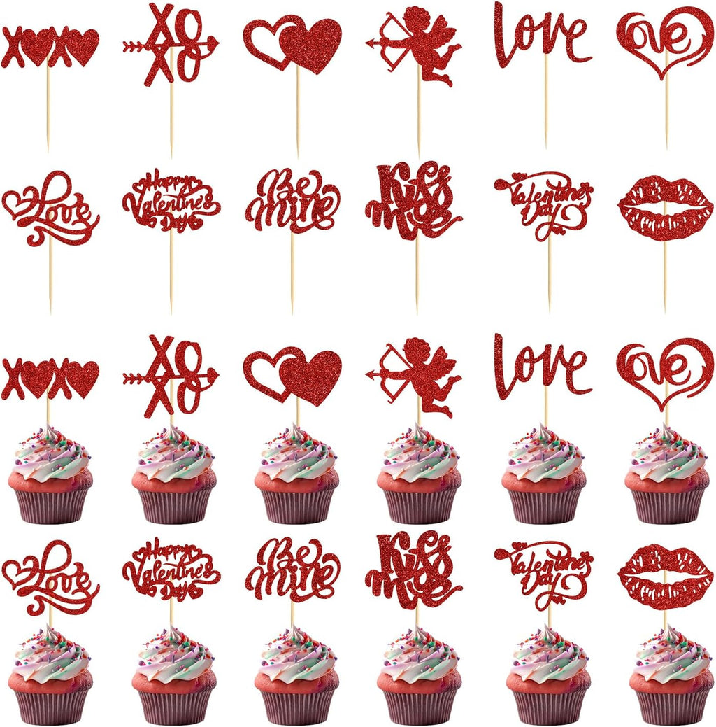 24pcs Valentine's Day Cupcake Toppers, Love Heart Rose Happy Valentines Day Cupcake Topper Red Glitter Valentine's Day Picks Party Cake Decorations for Wedding Valentine's Day (Red)