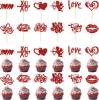 24pcs Valentine's Day Cupcake Toppers, Love Heart Rose Happy Valentines Day Cupcake Topper Red Glitter Valentine's Day Picks Party Cake Decorations for Wedding Valentine's Day (Red)