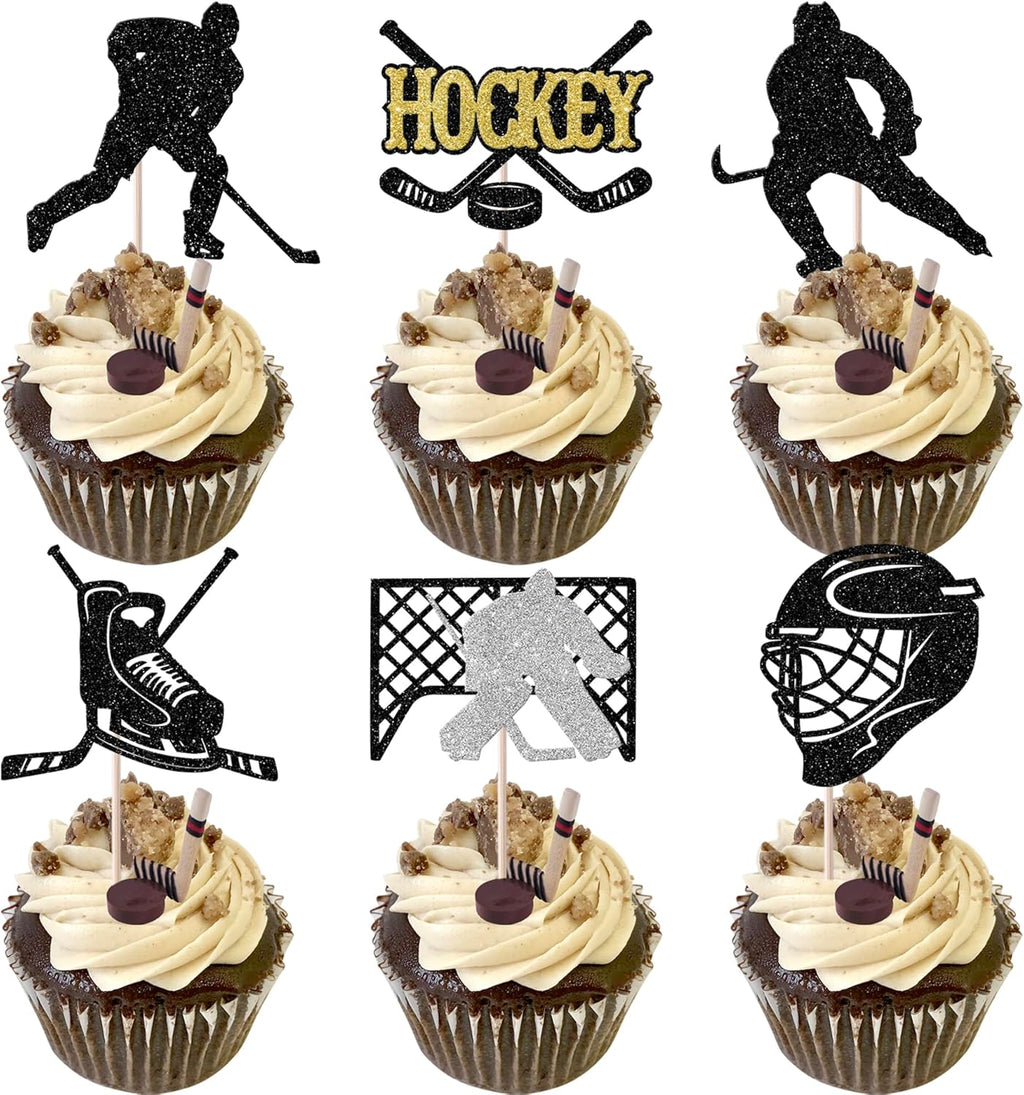 Rsstarxi 24 Pack Hockey Cupcake Toppers Black Glitter Hockey Players Cupcake Picks Ice Hockey Theme Birthday Cake Decorations for Baby Shower Boys Girls Birthday Party Decorations
