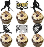 Rsstarxi 24 Pack Hockey Cupcake Toppers Black Glitter Hockey Players Cupcake Picks Ice Hockey Theme Birthday Cake Decorations for Baby Shower Boys Girls Birthday Party Decorations