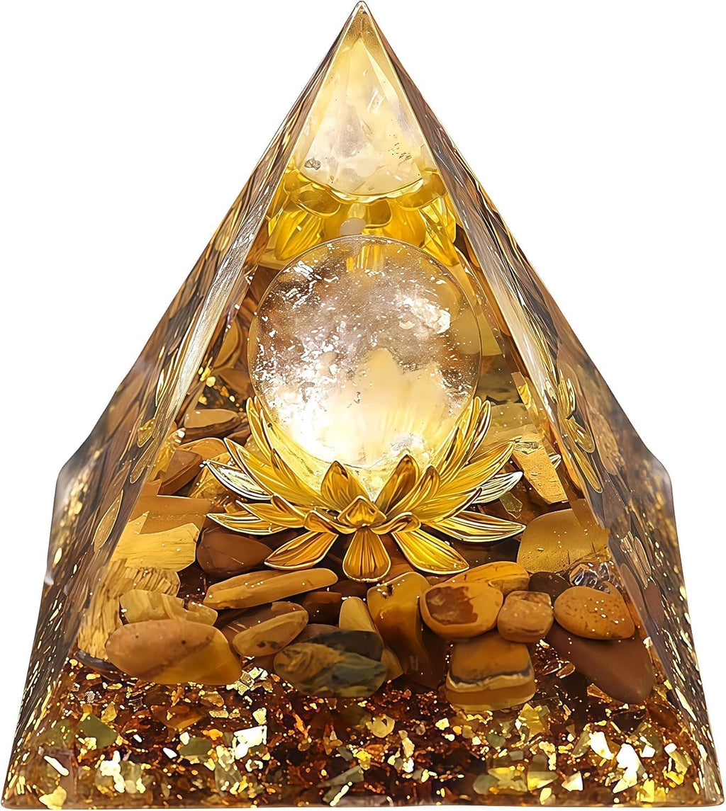 Orgone Pyramid Flower of Life Orgonite Money Healing Crystals Pyramid for Positive Energy with Tiger's Eye Stones and Luck White Crystal That Promotes Wealth, Prosperity and attracts Success