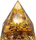 Orgone Pyramid Flower of Life Orgonite Money Healing Crystals Pyramid for Positive Energy with Tiger's Eye Stones and Luck White Crystal That Promotes Wealth, Prosperity and attracts Success
