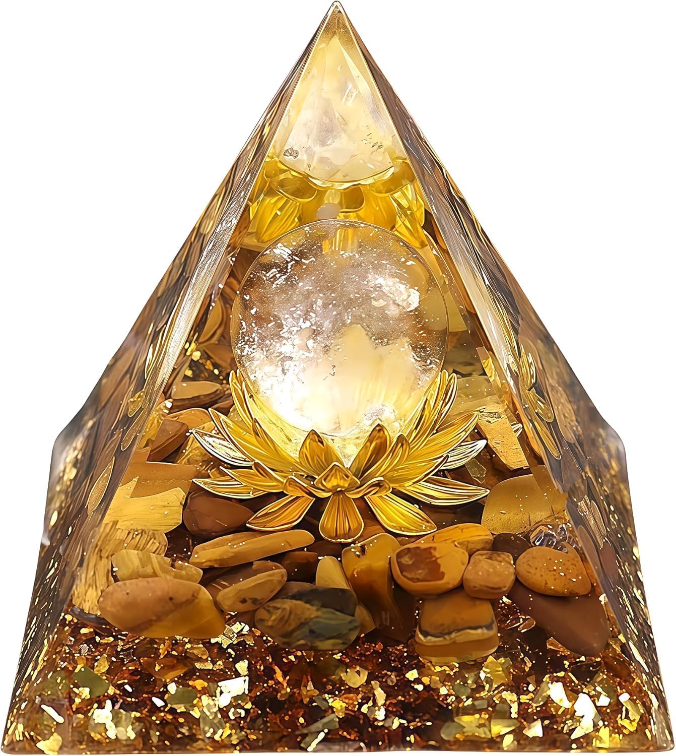 Orgone Pyramid Flower of Life Orgonite Money Healing Crystals Pyramid for Positive Energy with Tiger's Eye Stones and Luck White Crystal That Promotes Wealth, Prosperity and attracts Success