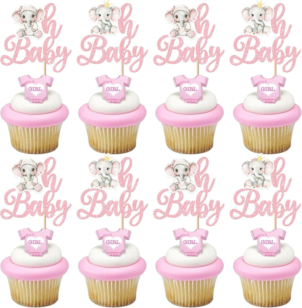 Rsstarxi 30 Pack Elephant Oh Baby Cupcake Toppers It's a Girl Cupcake Picks Gender Reveal Cake Decorations for Elephant Theme Girls Baby Shower Birthday Party Decorations Pink