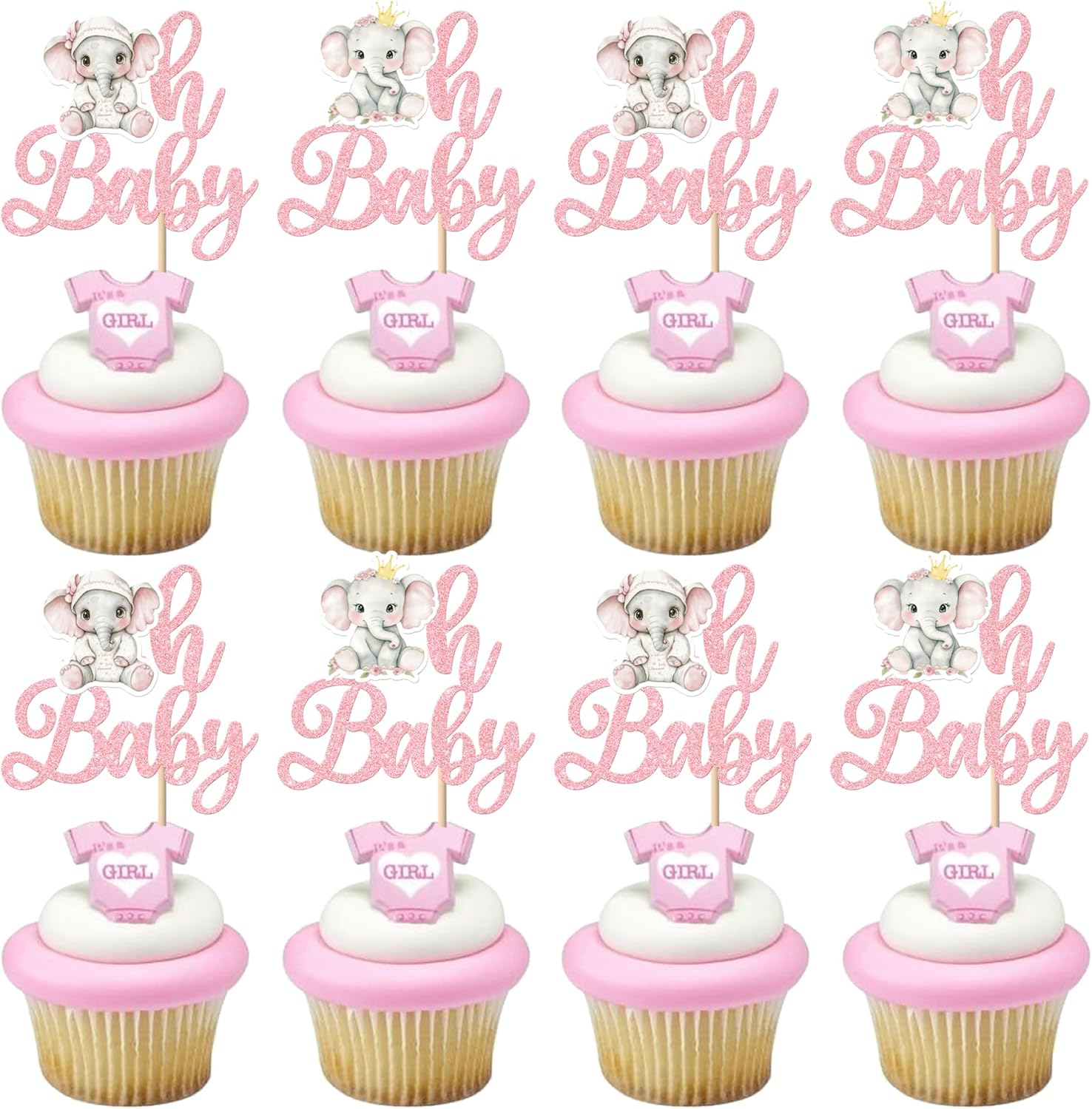 Rsstarxi 30 Pack Elephant Oh Baby Cupcake Toppers It's a Girl Cupcake Picks Gender Reveal Cake Decorations for Elephant Theme Girls Baby Shower Birthday Party Decorations Pink