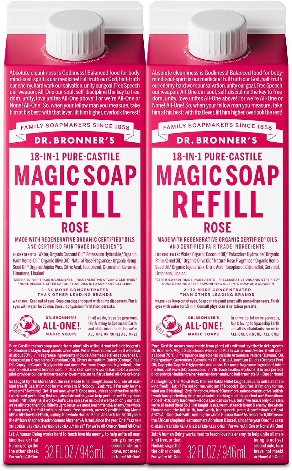 Dr. Bronner's Magic Soap-Pure-Castile Liquid Soap Refill (Rose 32 ounce, 2-Pack)-Regenerative Organic Certified Oils, For Body, Hair, Laundry, Pets & Dishes, Concentrated, Vegan, Non-GMO