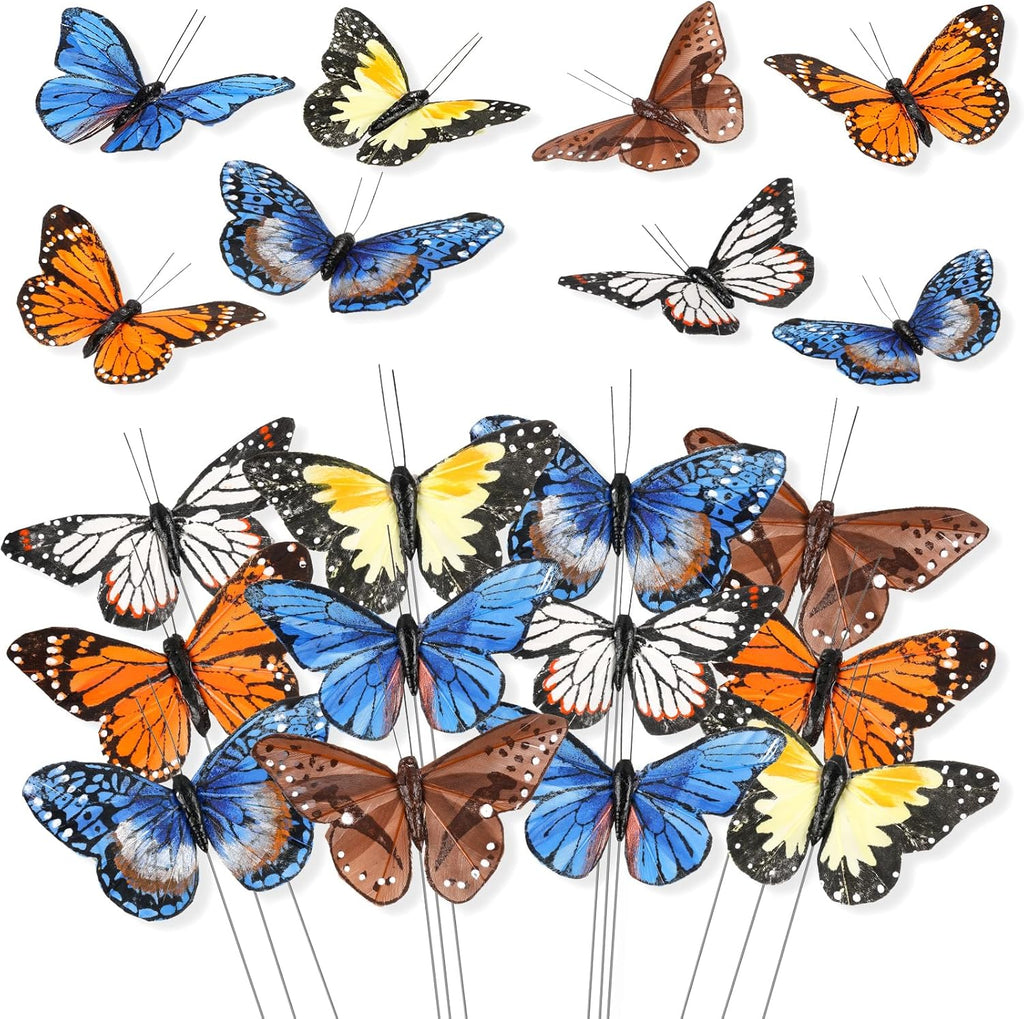 Butterfly Floral Picks Flower Arrangements Decoration 3D Artificial Feather Butterflies for Crafts Monarch Butterfly Decorations Fake Butterflies on Picks Bouquets for Garden Stakes Wall Decor