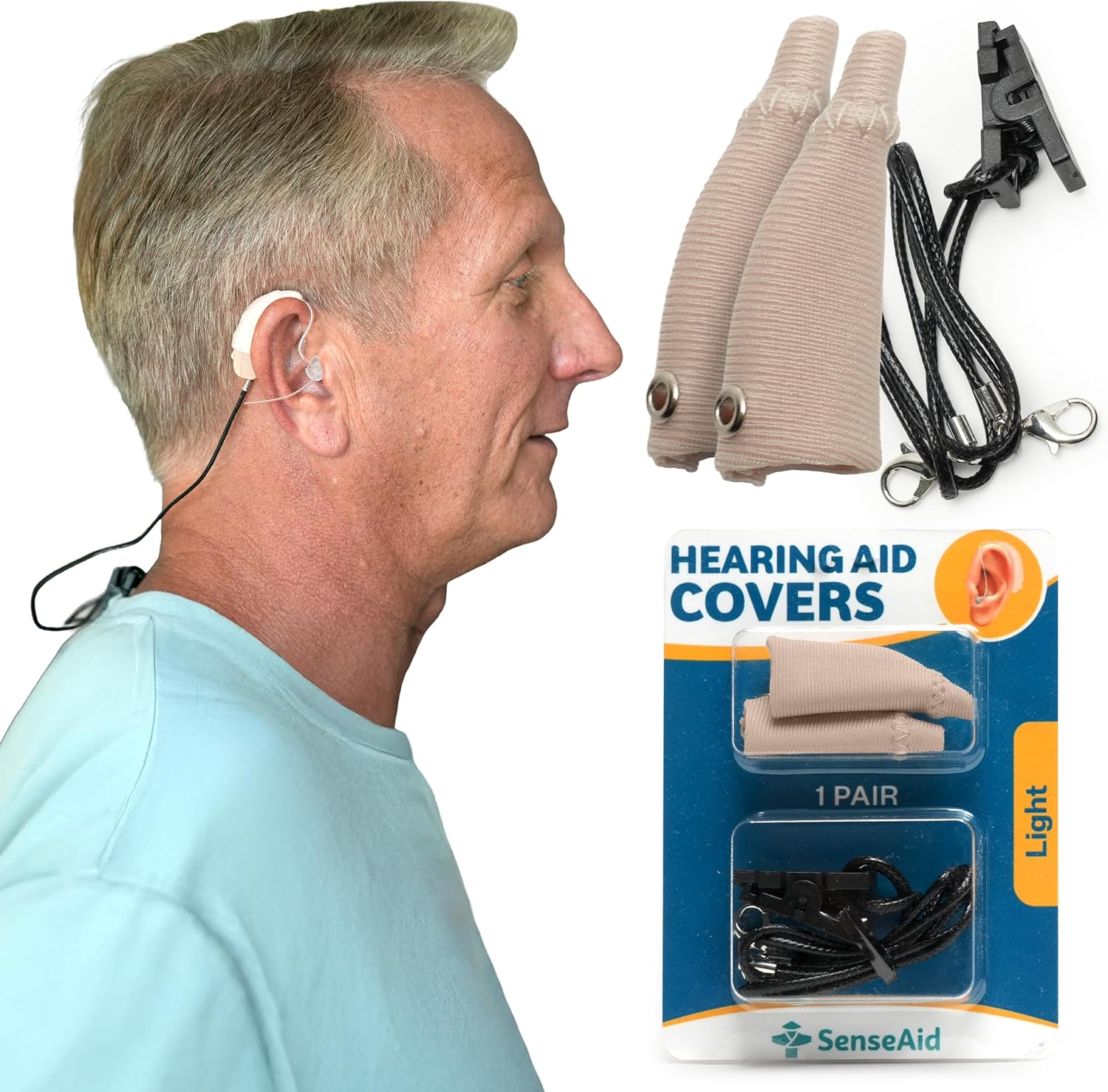 Hearing Aid Covers | #1 Hearing Aid Accessories Includes Waterproof Sweat Covers & Lanyard with Clips to Prevent Loss, Cloth Protector Sleeves That Connect to an Included Lanyard (Light)