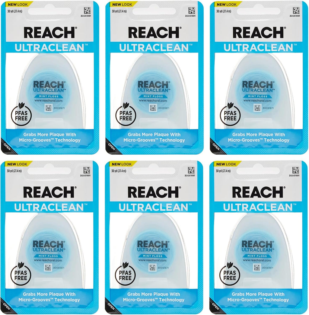 REACH Ultraclean Dental Floss, Mint, Plaque Remover for Teeth, Shred Resistant, Waxed, Easy on Gums & Teeth, Mint, Oral Care, PFAS Free, for Adults & Kids, 6 Pack, 30 yd