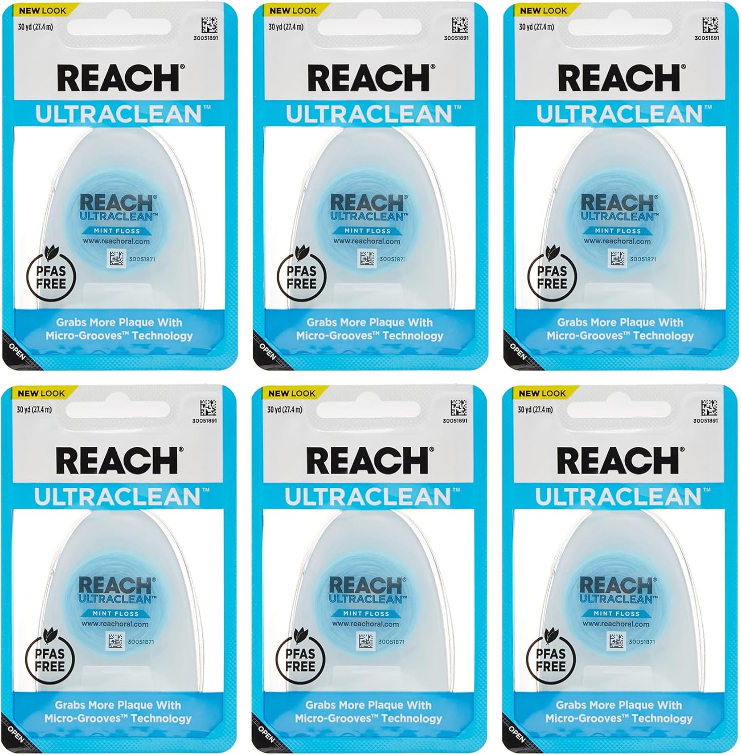 REACH Ultraclean Dental Floss, Mint, Plaque Remover for Teeth, Shred Resistant, Waxed, Easy on Gums & Teeth, Mint, Oral Care, PFAS Free, for Adults & Kids, 6 Pack, 30 yd