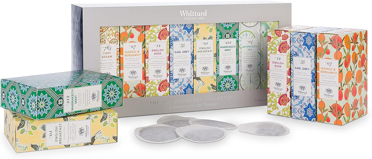 Whittard of Chelsea - The Tea Discovery Collection - (New Flavors) Gift Box Includes 4 Black Teas 3 Green Tea & 1 Oolong Tea (8 Tea Boxes, 160 Teabags, 1 Set)